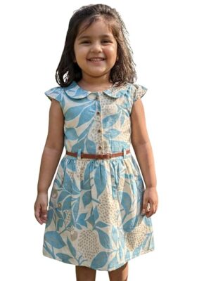 Kids Blue Cotton Dress, Frock, Cap Sleeves with Belt (2-6 Years)