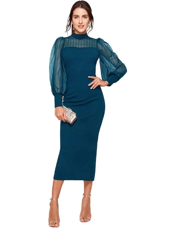 Women's Polyester Bodycon Maxi Dress with Net Full Sleeves Round Neck Self Design Pattern and Bodycon Style(Dark Blue)