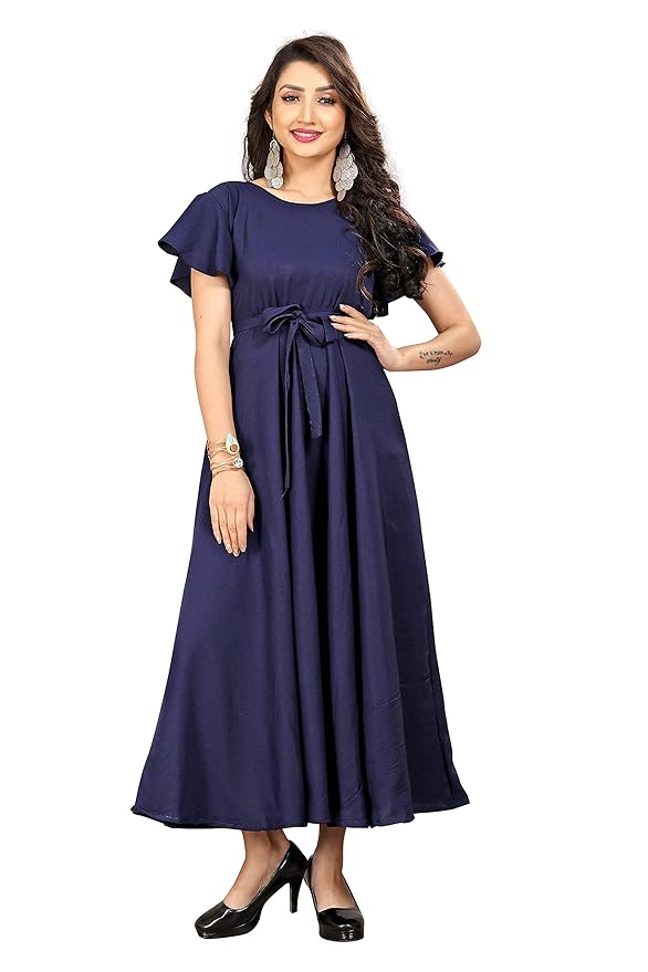 Blue Stylish Women’s Solid Crepe Maxi Gown Dress | Long Western Dress, Casual, Evening, and Brunch Outfit
