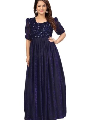 Blue Elegant Women's Long Gown | Anarkali Style | Flared Floor-Length Dress | Floral Emboss Print | Sequence Embroidery