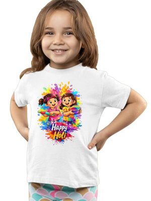 Girls Holi T-Shirt | Heavy Polyester Tee with Color Splash Print | Festival Wear for Kids