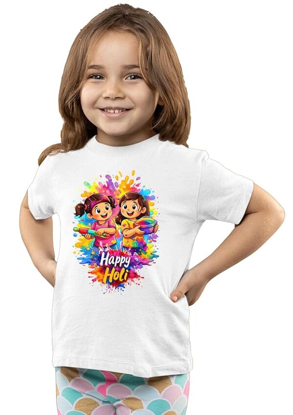 Girls Holi T-Shirt | Heavy Polyester Tee with Color Splash Print | Festival Wear for Kids