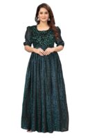 Green Elegant Women's Long Gown | Anarkali Style | Flared Floor-Length Dress | Floral Emboss Print | Sequence Embroidery