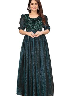 Green Elegant Women's Long Gown | Anarkali Style | Flared Floor-Length Dress | Floral Emboss Print | Sequence Embroidery