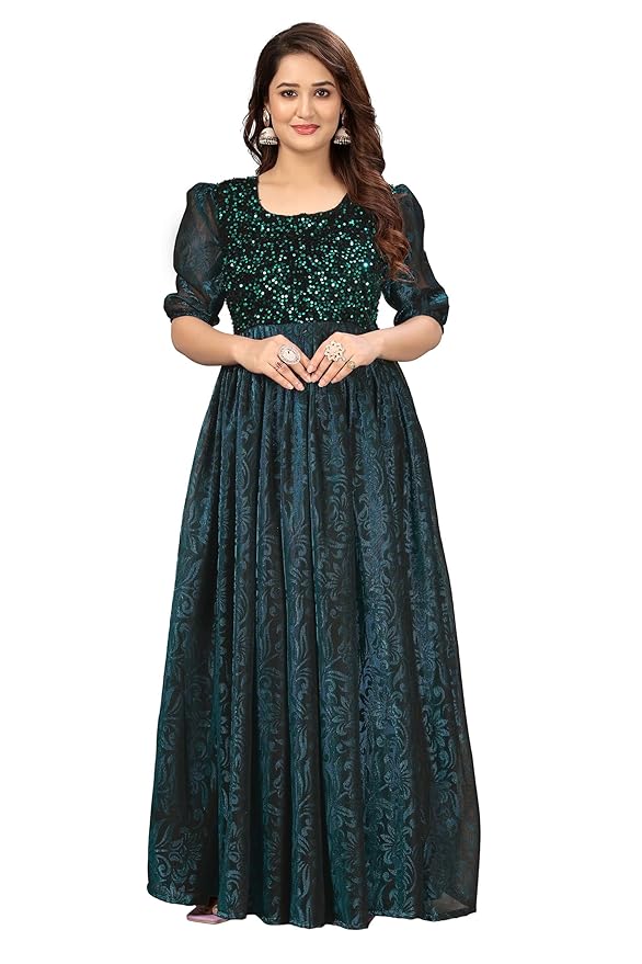 Green Elegant Women's Long Gown | Anarkali Style | Flared Floor-Length Dress | Floral Emboss Print | Sequence Embroidery